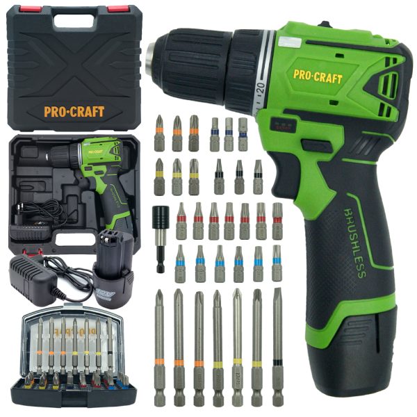 Aku vrtací šroubovák Procraft SPA12BL Brushless se sadou bitů BS-56