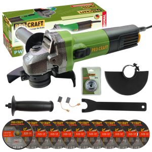 Bruska úhlová Procraft PW750 + rychloupínací matice RM14, 10x řezný kotouč CD125x1.0b v kovovém boxu
