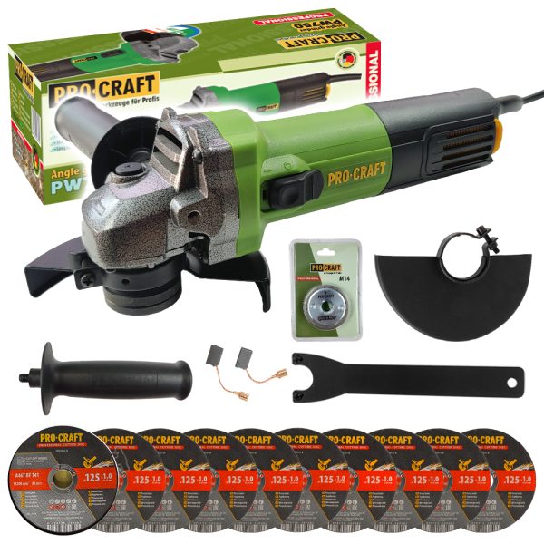 Bruska úhlová Procraft PW750 + rychloupínací matice RM14, 10x řezný kotouč CD125x1.0b v kovovém boxu