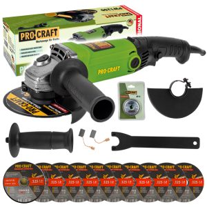 Bruska úhlová Procraft PW1200 + rychloupínací matice RM14, 10x řezný kotouč CD125x1.0b v kovovém box