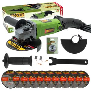 Bruska úhlová Procraft PW1200ES + rychloupínací matice RM14, 10x řezný kotouč CD125x1.0b v boxu