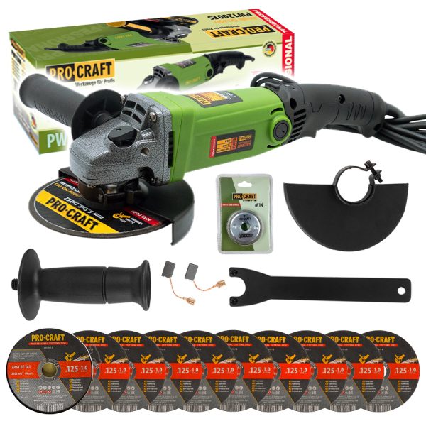 Bruska úhlová Procraft PW1200ES + rychloupínací matice RM14, 10x řezný kotouč CD125x1.0b v boxu