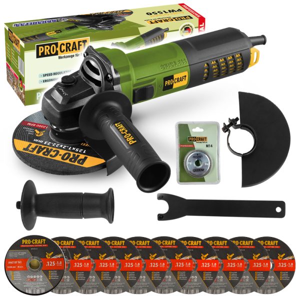 Bruska úhlová Procraft PW1550 + rychloupínací matice RM14, 10x řezný kotouč CD125x1.0b v boxu