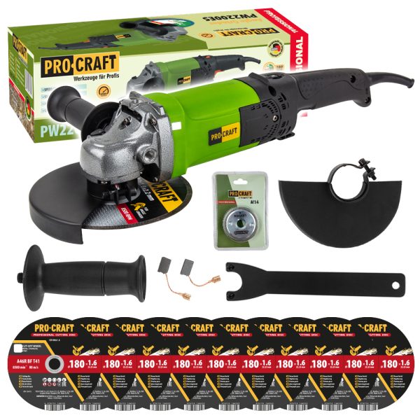 Bruska úhlová Procraft PW2200ES + rychloupínací matice RM14, 10x řezný kotouč CD180x1.6