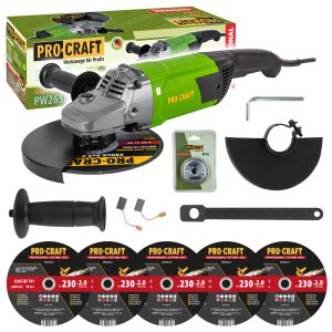 Bruska úhlová Procraft PW2650 + rychloupínací matice RM14, 5x řezný kotouč CD230x2.0