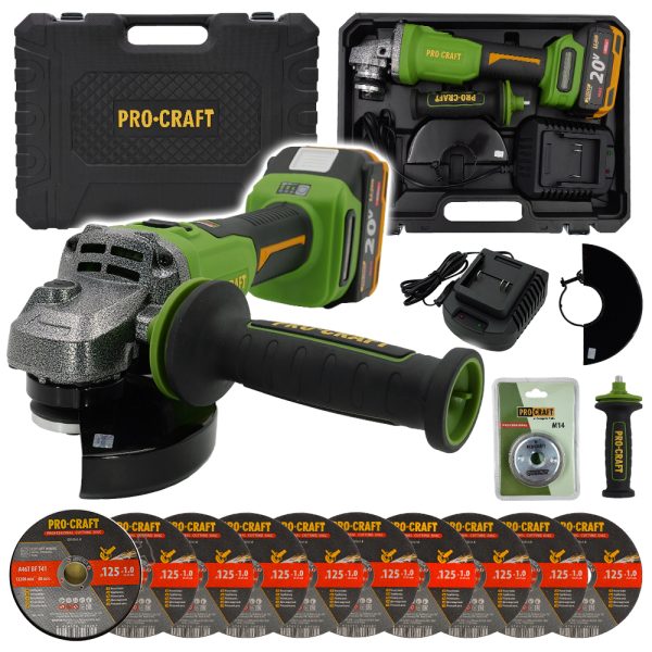 Bruska úhlová Procraft PWA220 + rychloupínací matice, 10x řezný kotouč CD125x1.0b v kovovém boxu
