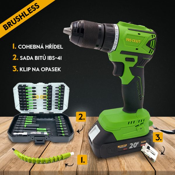 Aku vrtací šroubovák Procraft SPA18LiN Brushless se sadou bitů IBS-41 - Image 3